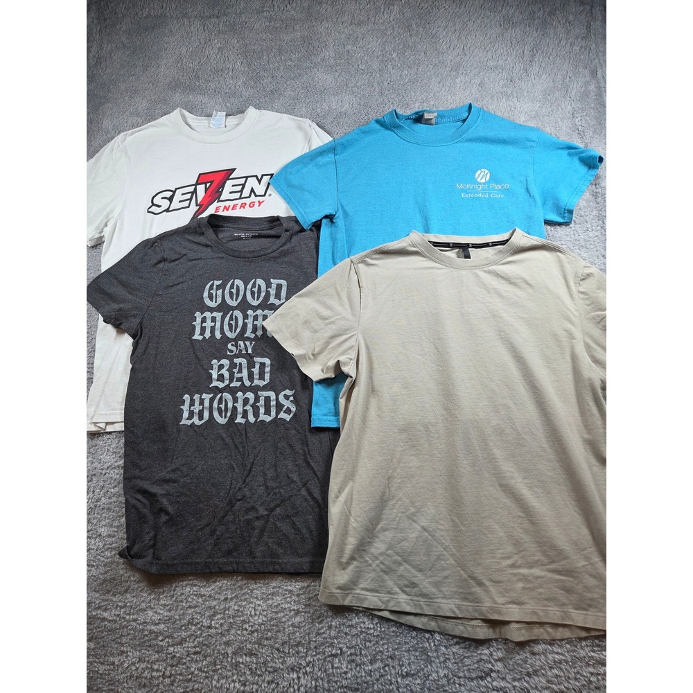 Lot of 4 Small T-Shirts Seven Energy Graphic‎ Slogan Basic Tan Blue Grey White